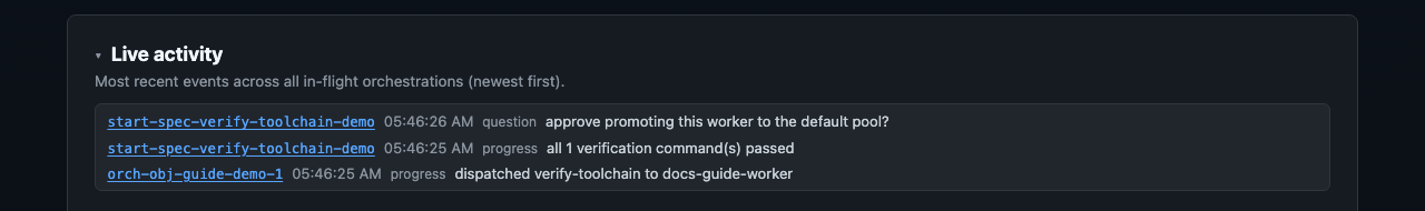 Causal Operations Atlas activity panel listing recent orchestration events with task id, timestamp, event kind, and detail columns, including a pending approval on the attention rail