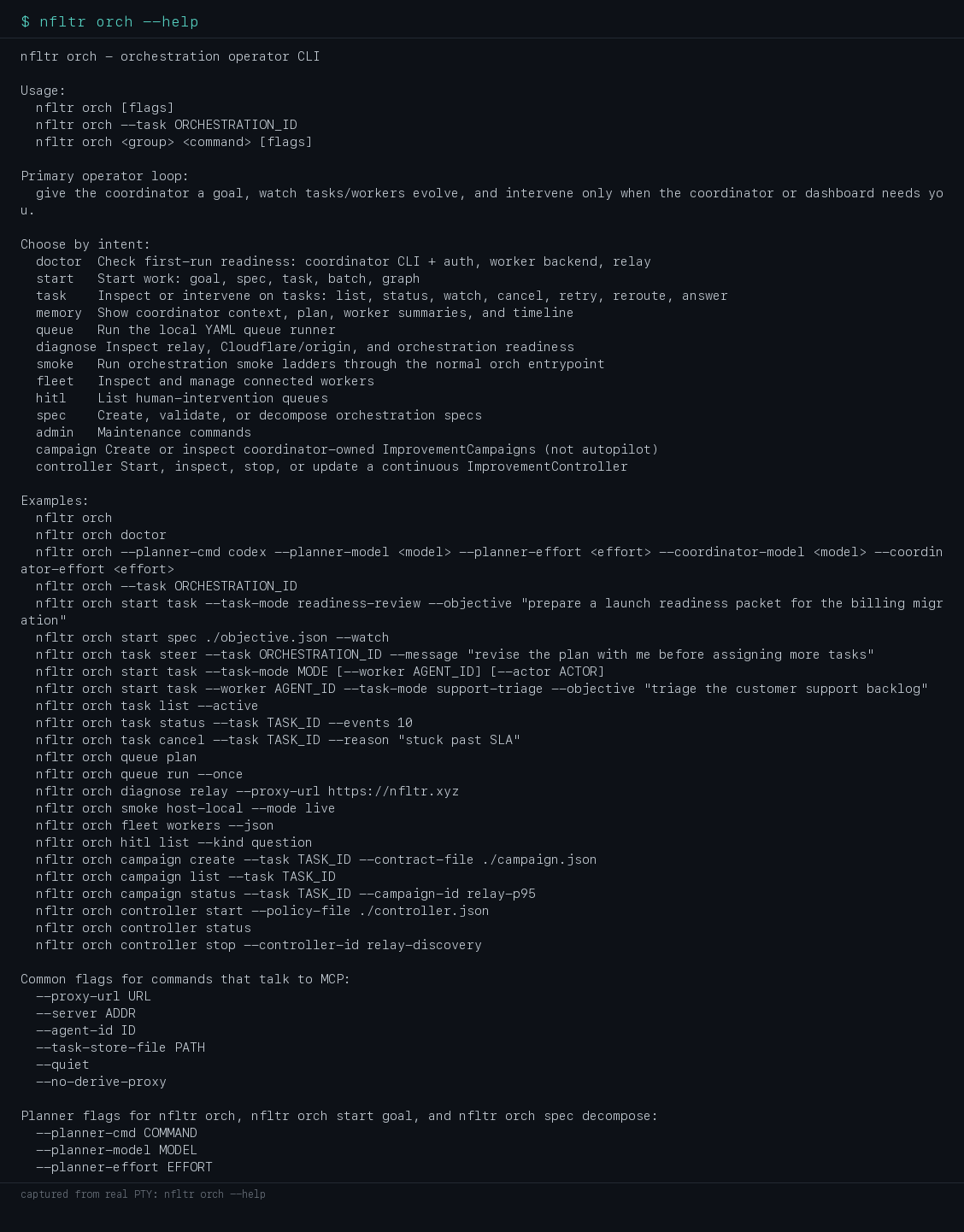 Terminal output of nfltr orch --help listing command groups: doctor, start, task, memory, queue, diagnose, fleet, hitl, spec, admin, campaign, and controller