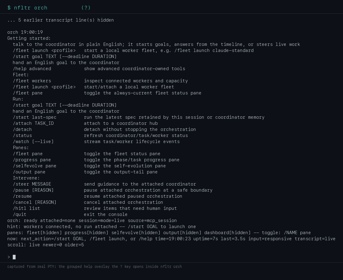 The grouped help overlay inside nfltr orch, listing console commands under the headings Getting started, Fleet, Run, Panes and Intervene, ending with slash quit to exit the console